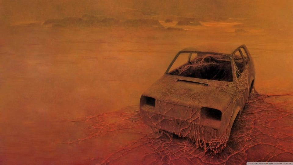 Zdzisław Beksiński - Untitled. Car in a post-apocalyptic landscape with strange tendrils growing on it. 